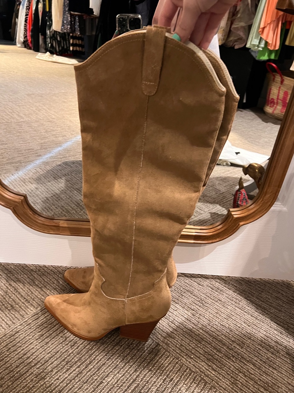 Suede Tall Western Knee-High Boot in Tan